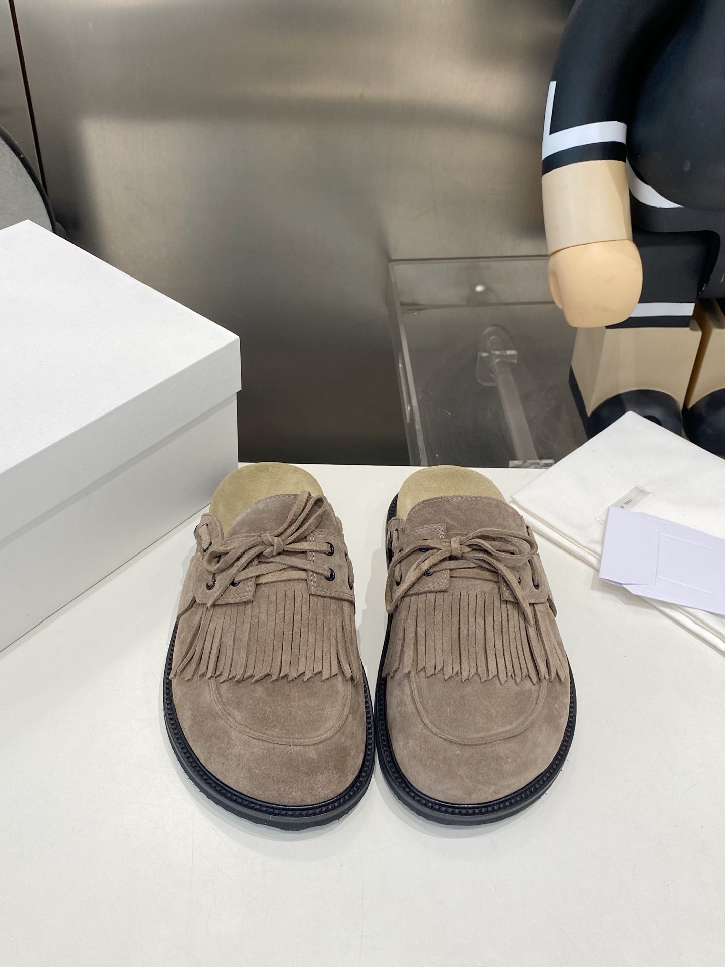 THE ROW 26S FRINGE LACE UP MULES IN TAUPE BROWN SUEDE