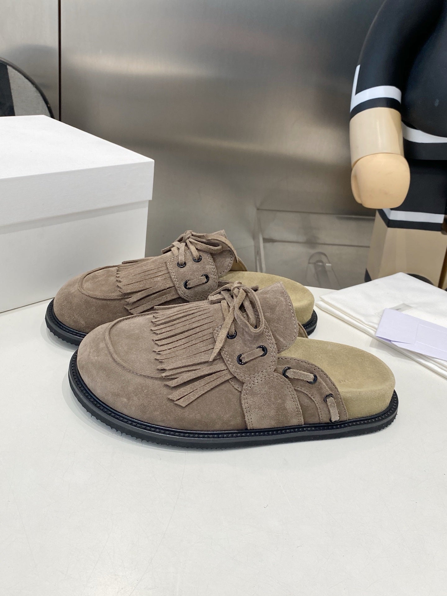 THE ROW 26S FRINGE LACE UP MULES IN TAUPE BROWN SUEDE