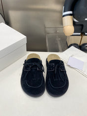 THE ROW 26S FRINGE LACE UP MULES IN BLACK SUEDE
