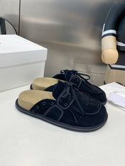 THE ROW 26S FRINGE LACE UP MULES IN BLACK SUEDE