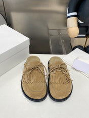 THE ROW 26S FRINGE LACE UP MULES IN SAND BEIGE SUEDE