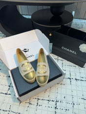 ESPADRILLES LOAFERS IN BEIGE TWEED AND GOLDEN LAMBSKIN