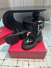 VIV' RANGERS ANKLE BOOTS IN BLACK PATENT LAMBSKIN STRASS BUCKLE