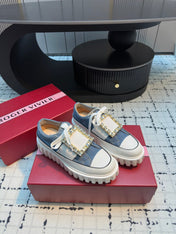 VIV' GO-THICK STRASS BUCKLE SLIP-ON SNEAKERS IN BLUE DENIM