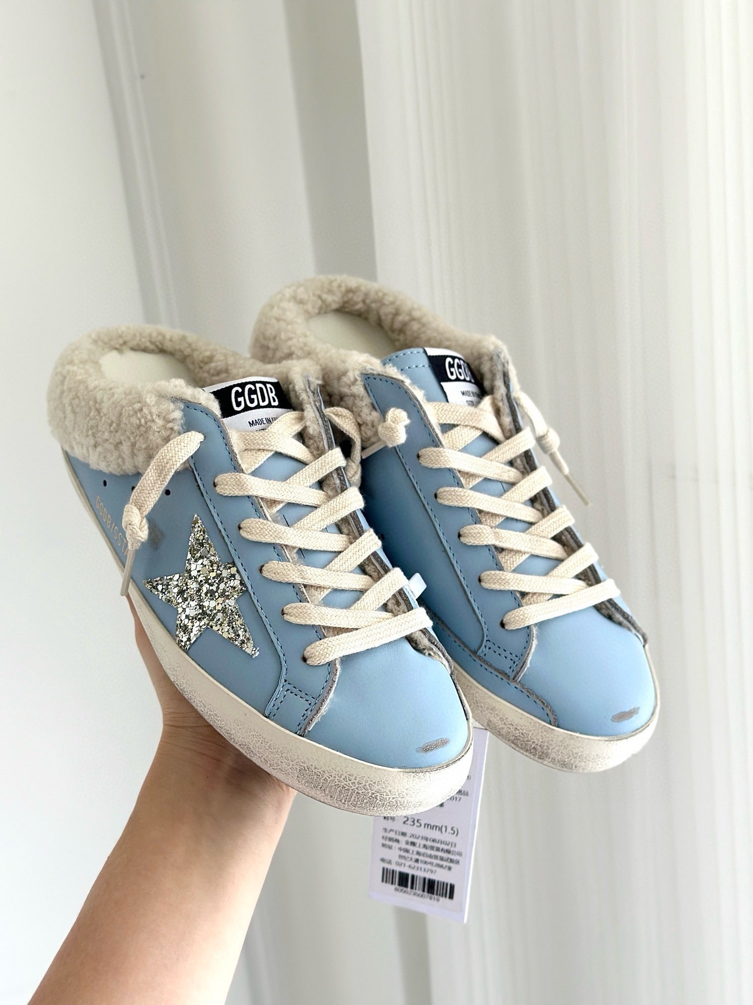 SUPER-STAR SABOTS IN BLUE CALFSKIN WITH GLITTER WHITE STAR
