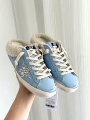 SUPER-STAR SABOTS IN BLUE CALFSKIN WITH GLITTER WHITE STAR