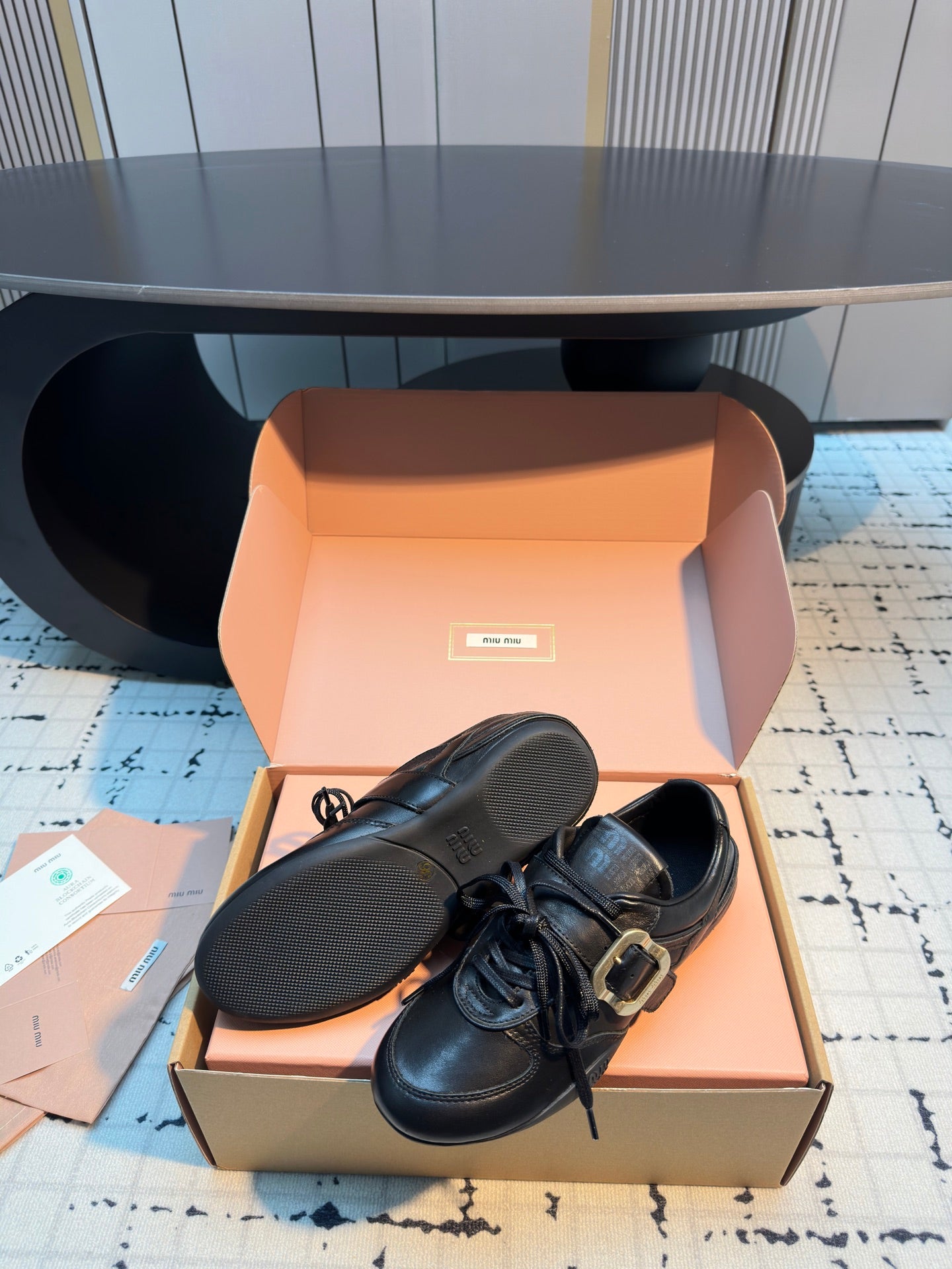 MIUMIU 26S LACE UP SNEAKERS IN BLACK CALFSKIN BUCKLE STRAP DETAIL