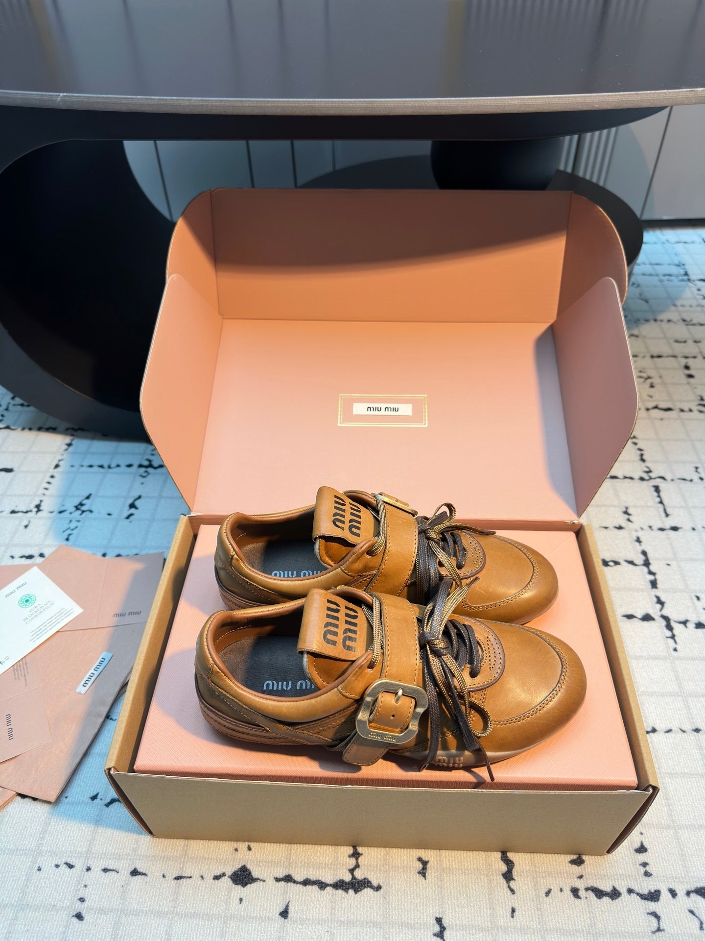 MIUMIU 26S LACE UP SNEAKERS IN BROWN CALFSKIN BUCKLE STRAP DETAIL