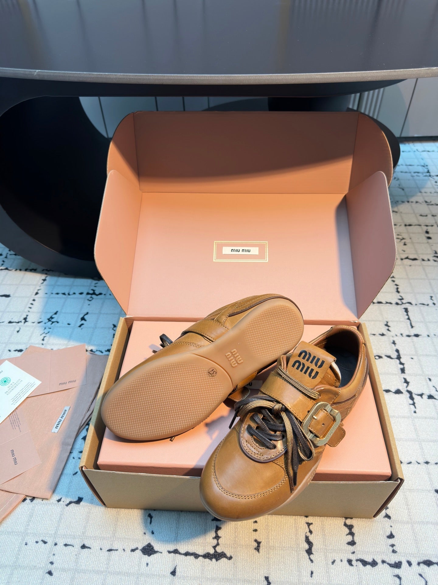 MIUMIU 26S LACE UP SNEAKERS IN BROWN CALFSKIN BUCKLE STRAP DETAIL