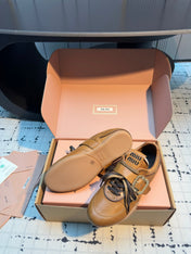 MIUMIU 26S LACE UP SNEAKERS IN BROWN CALFSKIN BUCKLE STRAP DETAIL