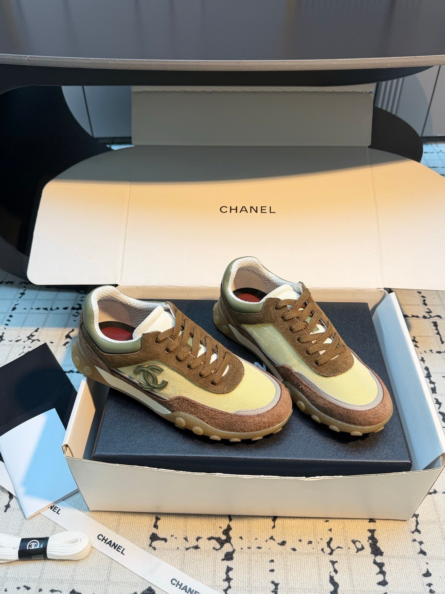 CHANEL 26S CHUNKY SNEAKERS IN BROWN AND LIGHT YELLOW SUEDE