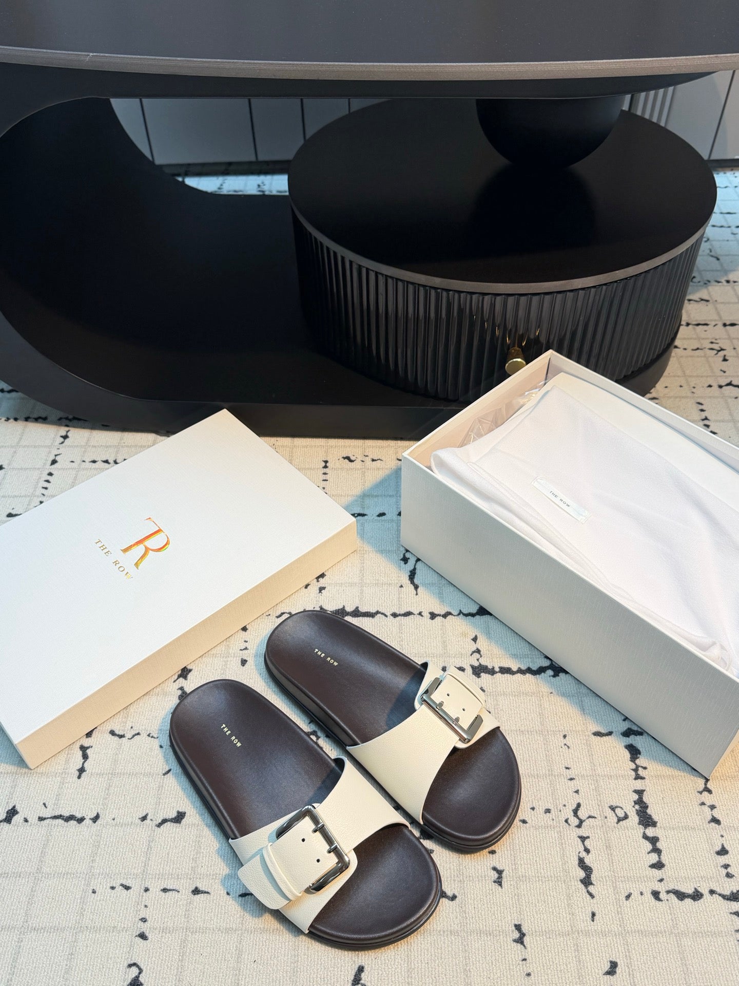 THE ROW 26S BUCKLE SLIDE SANDALS IN WHITE CALFSKIN