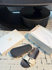 THE ROW 26S BUCKLE SLIDE SANDALS IN WHITE CALFSKIN