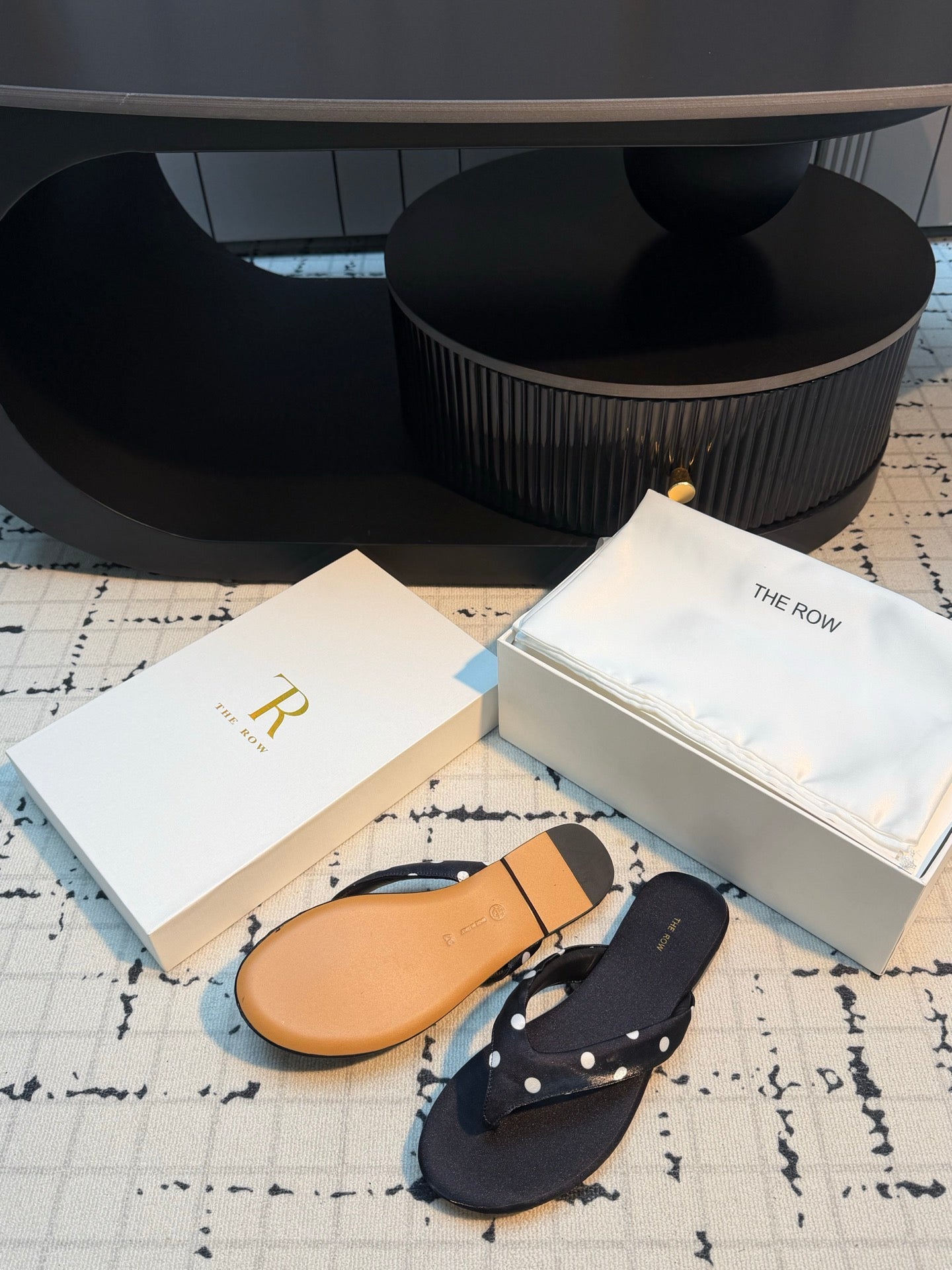 THE ROW 26S THONG SANDALS IN BLACK POLKA DOT SATIN