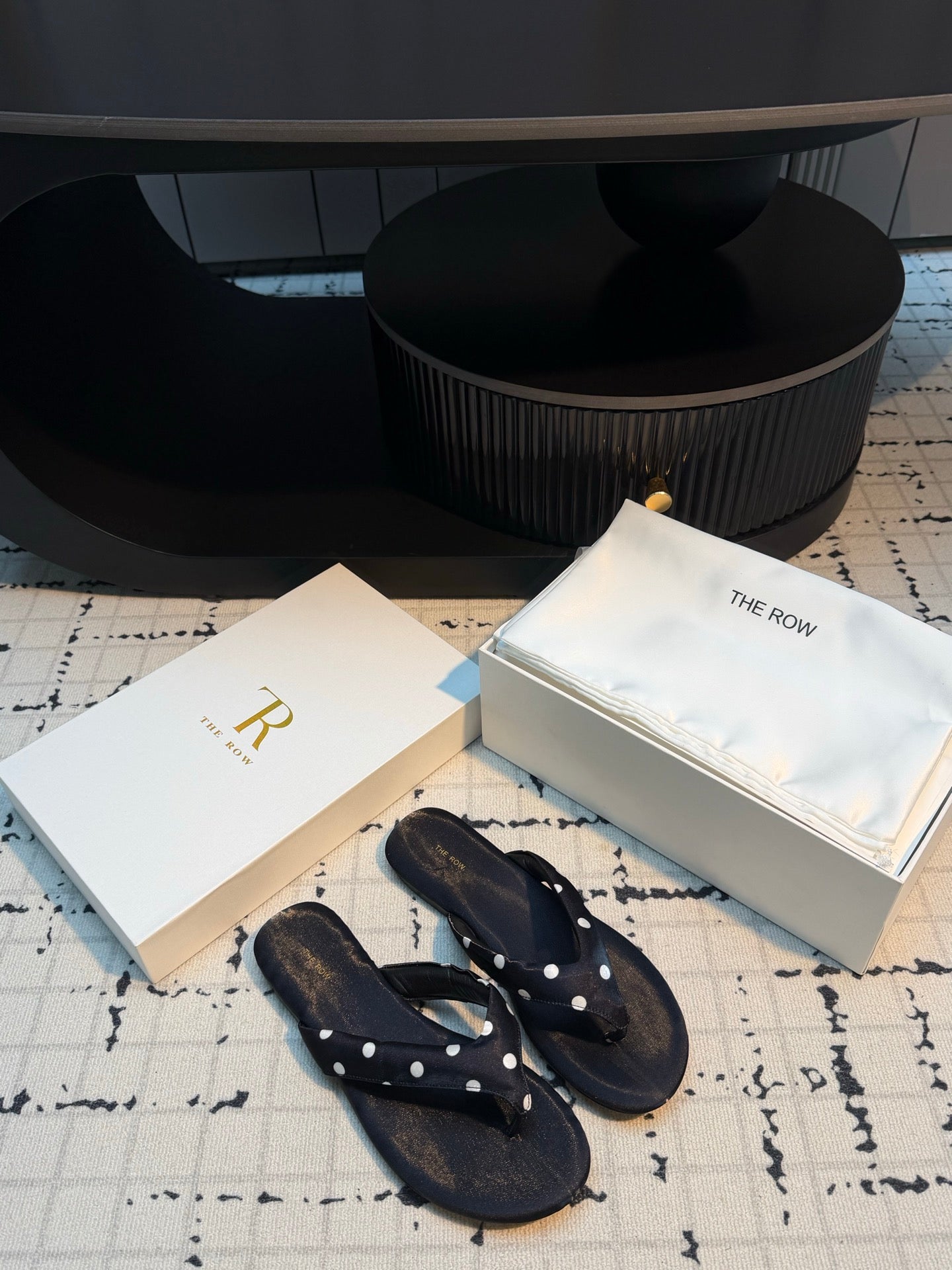 THE ROW 26S THONG SANDALS IN BLACK POLKA DOT SATIN