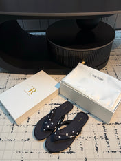 THE ROW 26S THONG SANDALS IN BLACK POLKA DOT SATIN