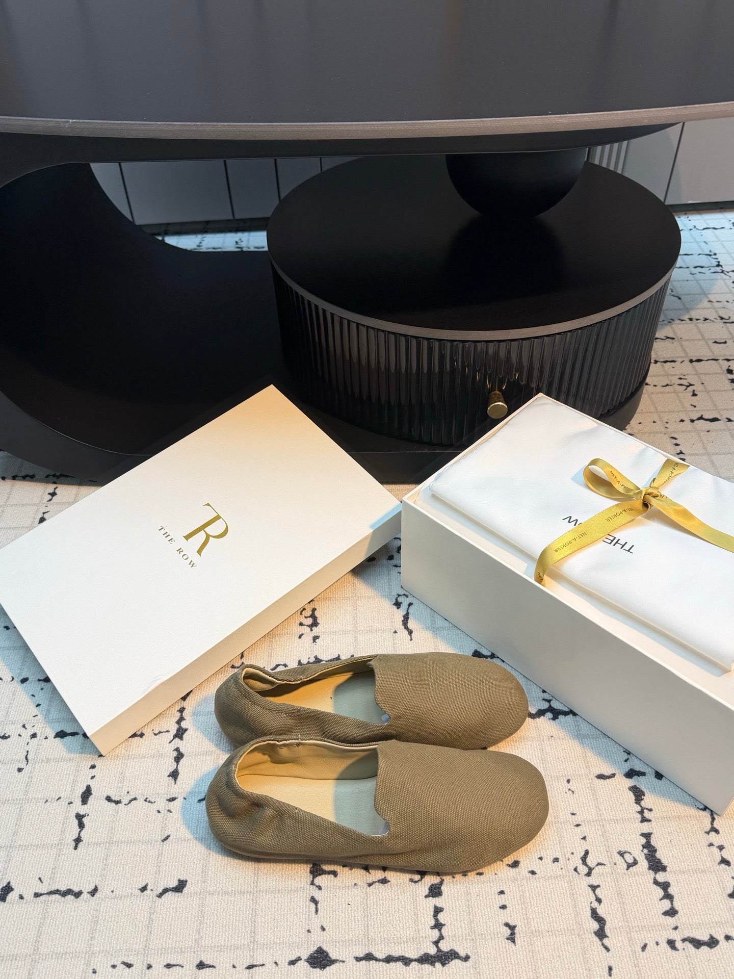 THE ROW 26S LOAFERS IN OLIVE GREEN CANVAS