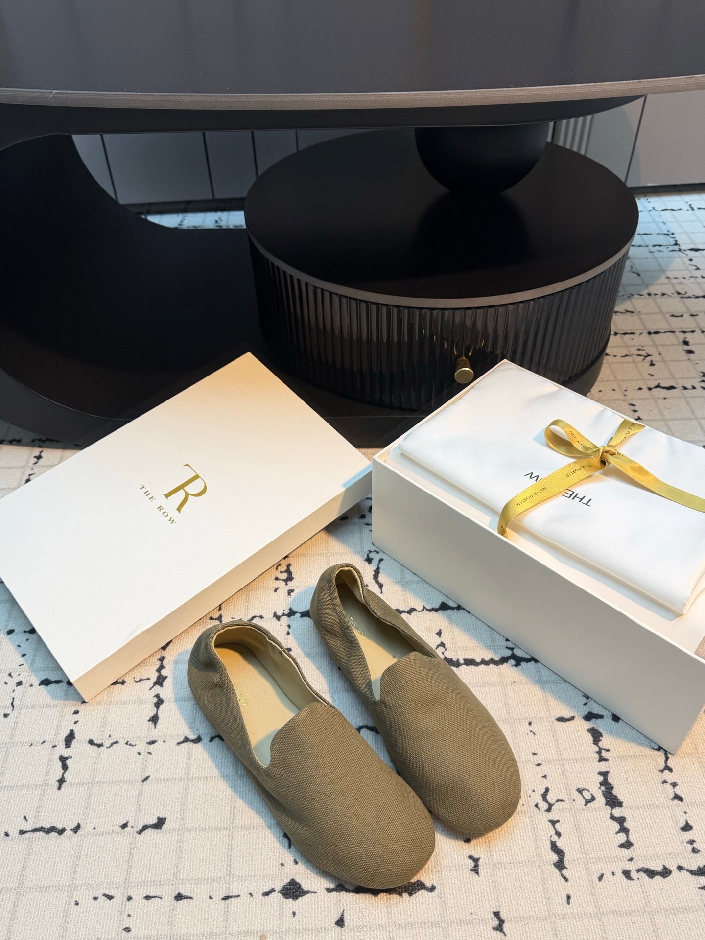 THE ROW 26S LOAFERS IN OLIVE GREEN CANVAS