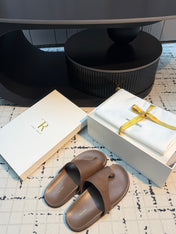 THE ROW 26S THONG SLIDE SANDALS IN BROWN CALFSKIN