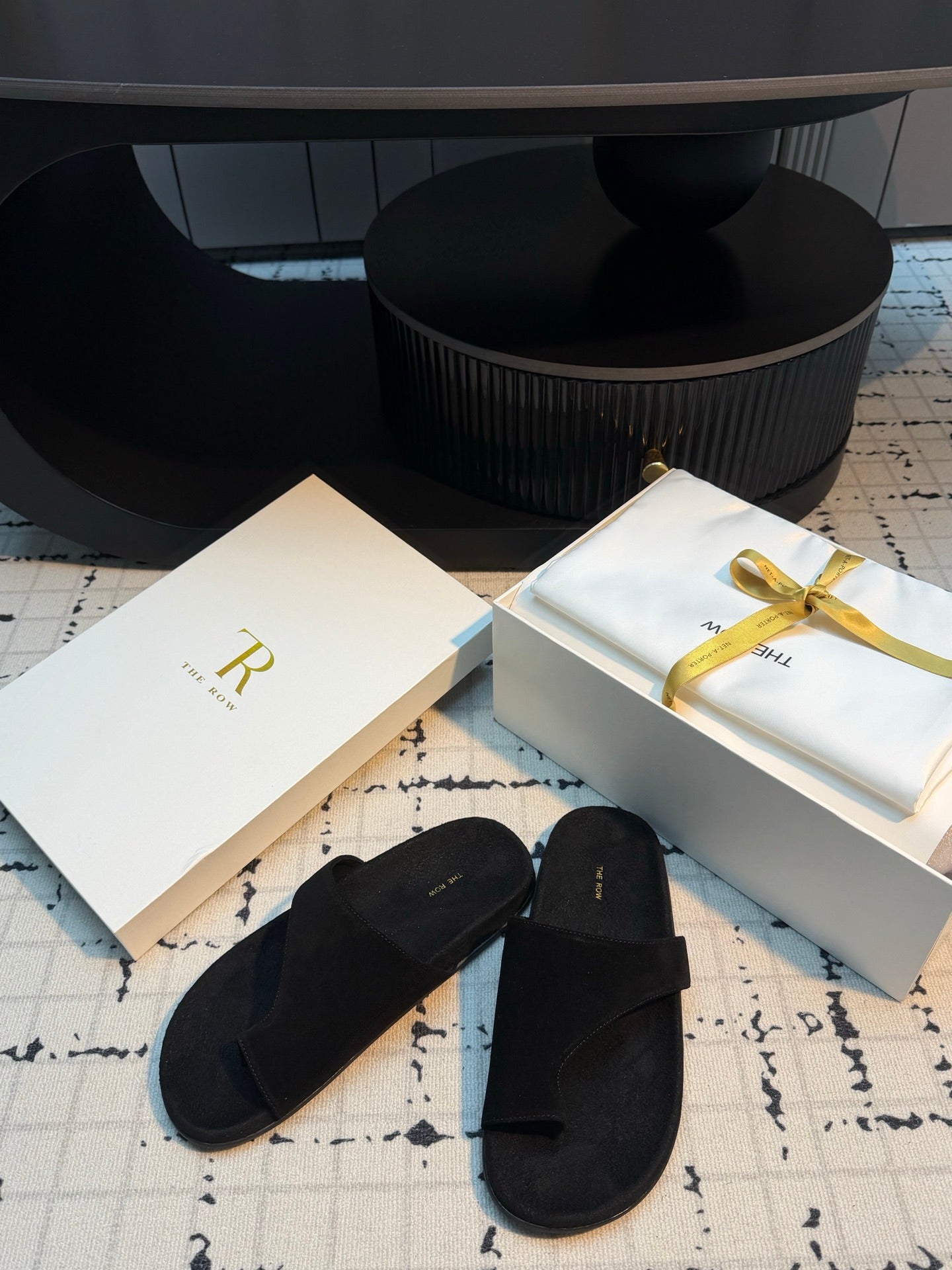 THE ROW 26S THONG SLIDE SANDALS IN BLACK SUEDE