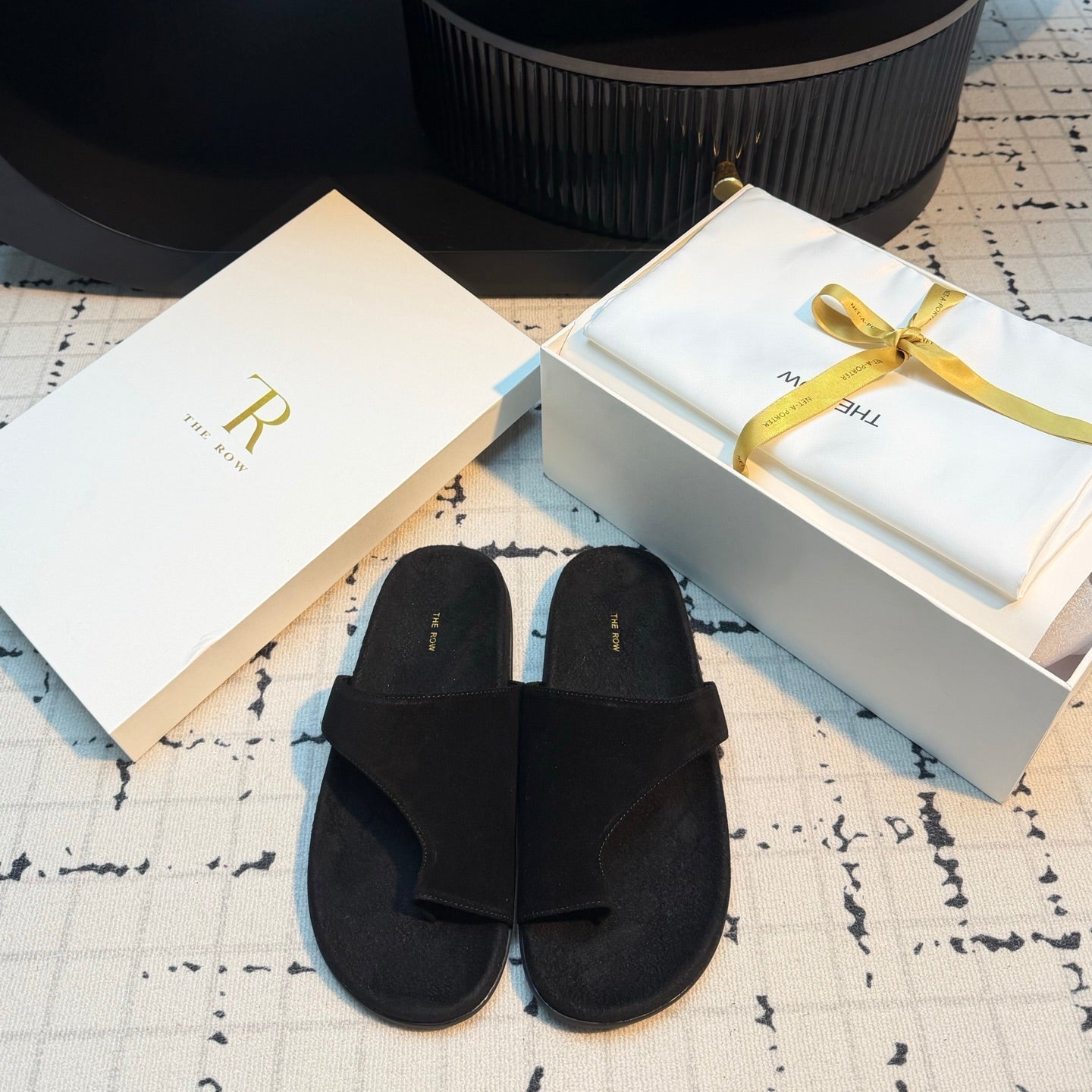 THE ROW 26S THONG SLIDE SANDALS IN BLACK SUEDE