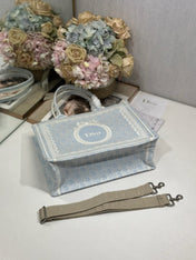 DIOR 26S BOOK TOTE BAG 36 IN LIGHT BLUE AND BEIGE BAYADERE FABRIC