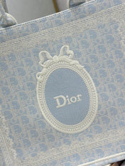 DIOR 26S BOOK TOTE BAG 42 IN LIGHT BLUE AND BEIGE BAYADERE FABRIC