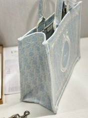 DIOR 26S BOOK TOTE BAG 36 IN LIGHT BLUE AND BEIGE BAYADERE FABRIC