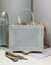 DIOR 26S BOOK TOTE BAG 36 IN LIGHT BLUE AND BEIGE BAYADERE FABRIC