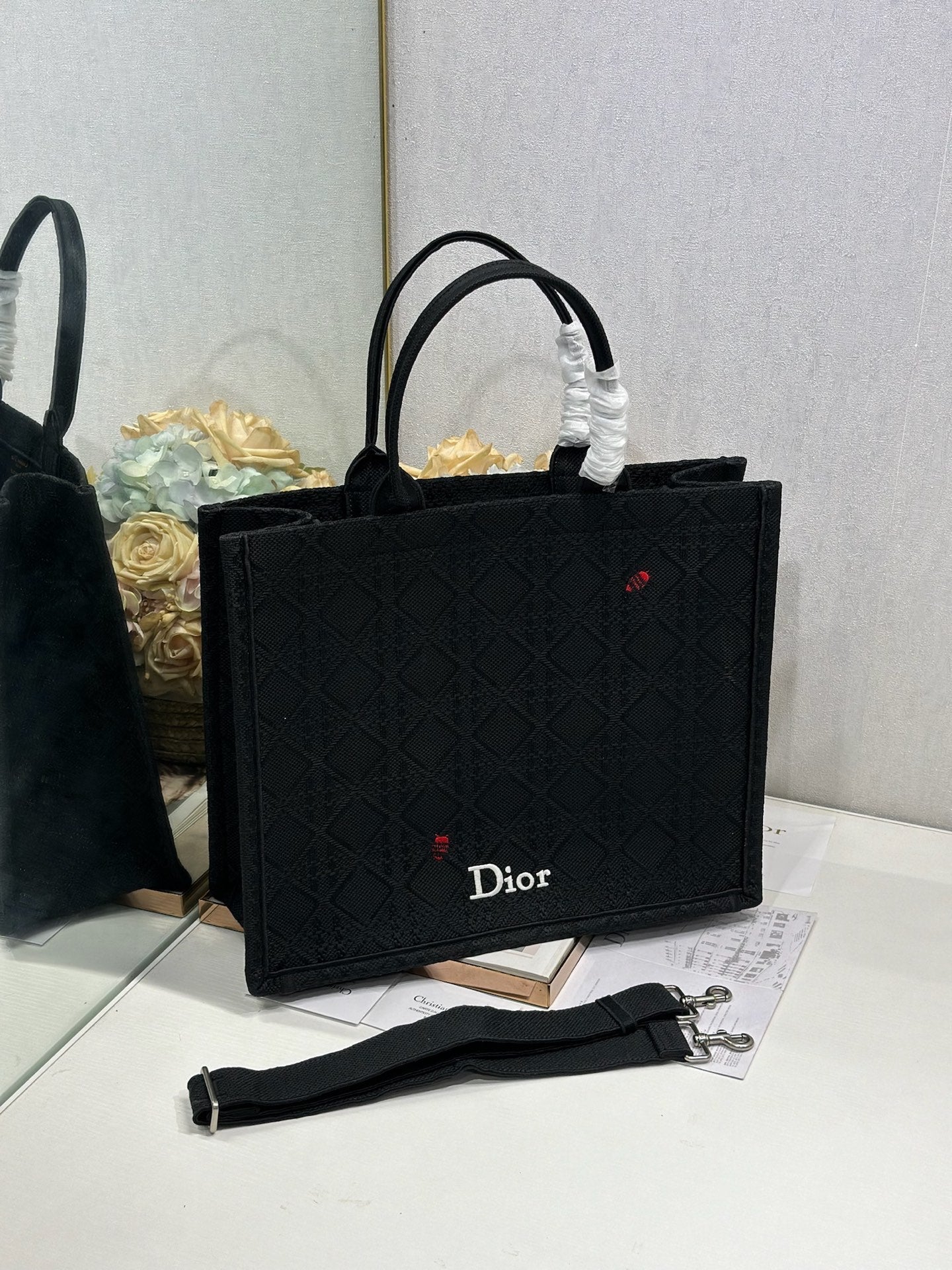 DIOR 26S BOOK TOTE BAG 42 IN BLACK BAYADERE FABRIC