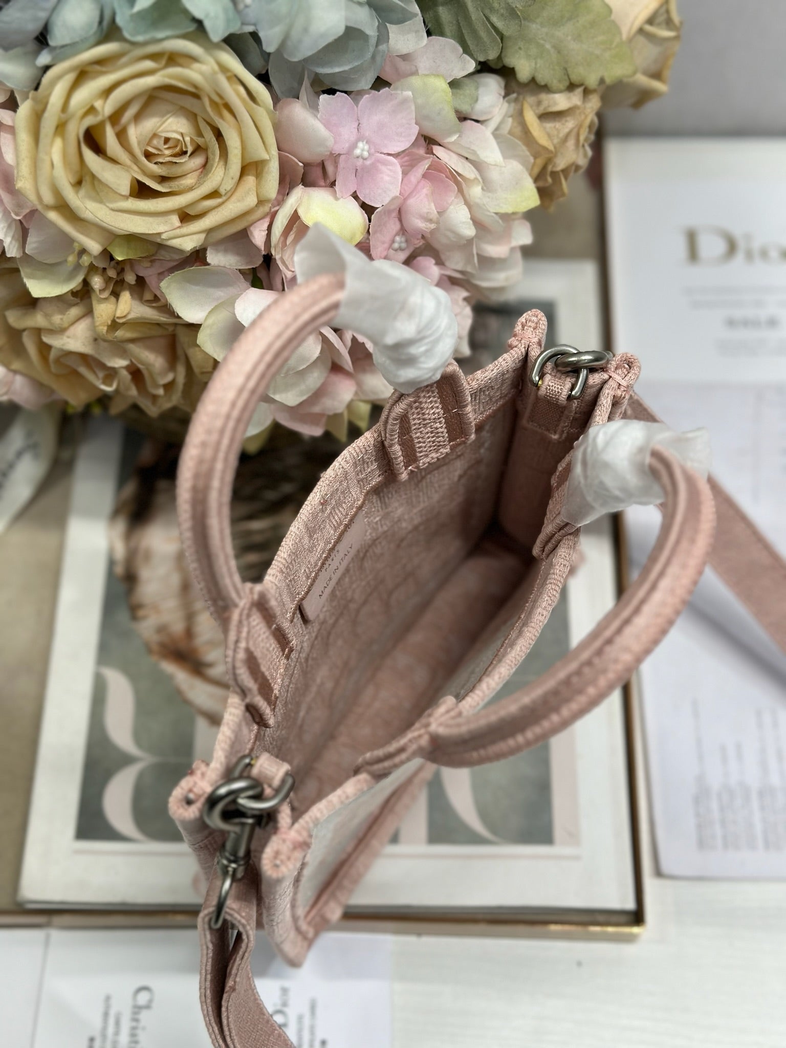 DIOR 26S  BOOK TOTE BAG 20 IN LIGHT PINK AND WHITE FABRIC