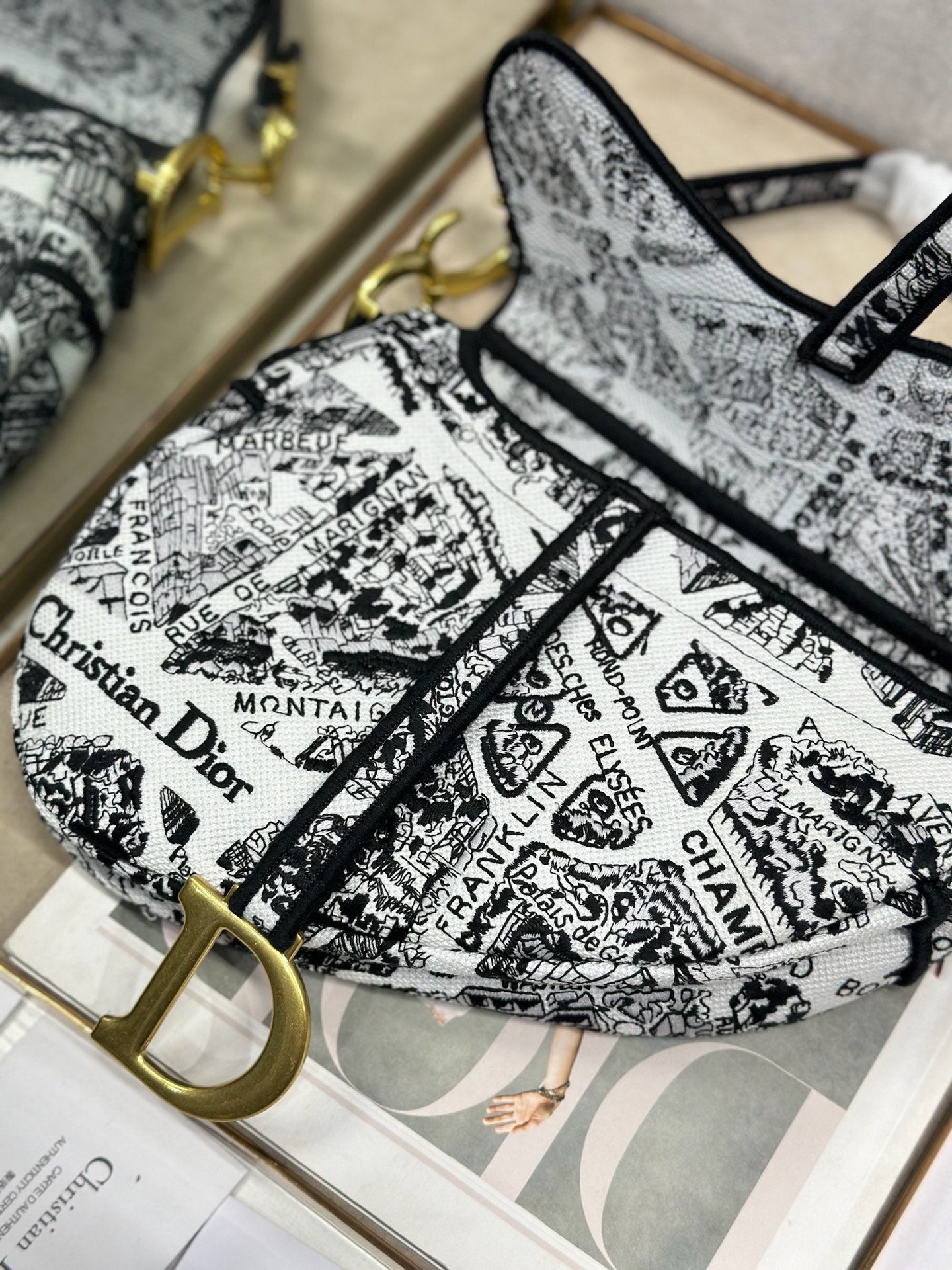 DIOR 26S SADDLE BAG 25 IN WHITE MIX BLACK WOVEN FABRIC