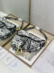 DIOR 26S SADDLE BAG 25 IN WHITE MIX BLACK WOVEN FABRIC
