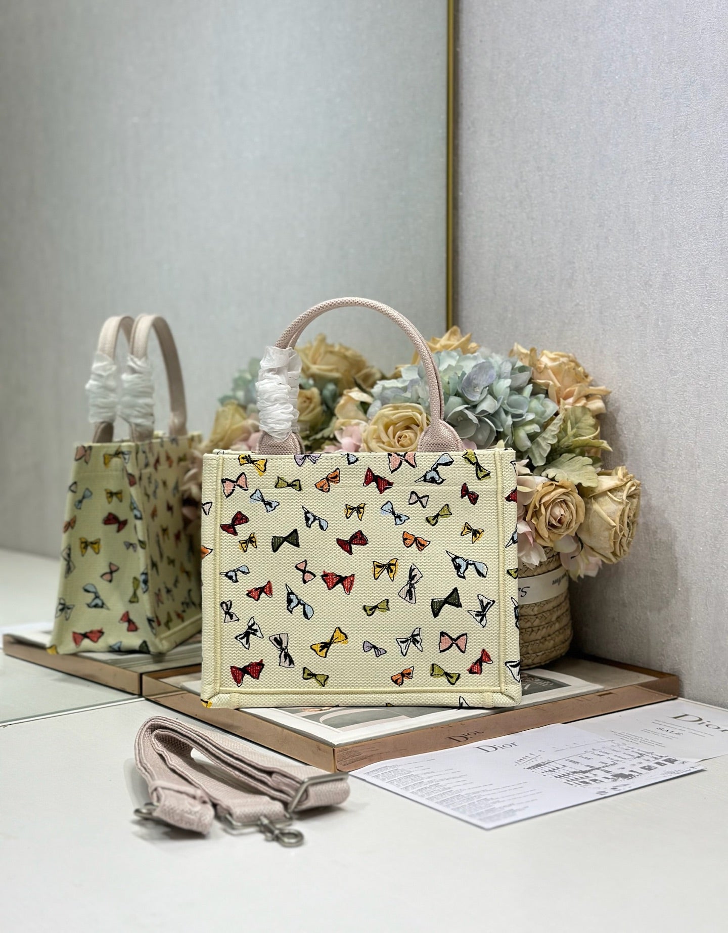 DIOR 26S MINI BOOK TOTE 26 IN BEIGE WHITE BOW PRINT WOVEN FABRIC