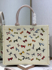 DIOR 26S LARGE BOOK TOTE 42 BEIGE WHITE BOW PRINT WOVEN FABRIC