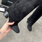 CHANEL 25S HIGH BOOTS 55MM IN BLACK SUEDE AND CANVAS GOLD HARDWARE