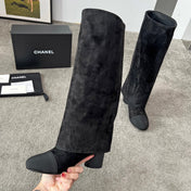 CHANEL 25S HIGH BOOTS 55MM IN BLACK SUEDE AND CANVAS GOLD HARDWARE