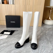 CHANEL 25S HIGH BOOTS STRETCHY SHAFT 85MM IN WHITE MIX BLACK CALFSKIN GOLD HARDWARE
