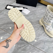 CHANEL 25S MID-CALF BOOTS 45MM IN BEIGE CALFSKIN AND WHITE TWEED GOLD HARDWARE