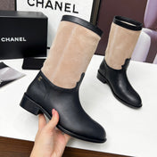 CHANEL 25S MID-CALF BOOTS 35MM IN BLACK CALFSKIN AND TAUPE GRAY SUEDE GOLD HARDWARE