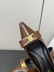 TRIOMPHE POINTED-TOE HIGH PUMPS IN BROWN SHINY CALFSKIN