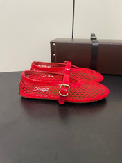 ALAIA BALLET FLATS IN CHERRY RED MESH FISHNET