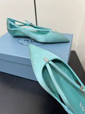 CUT-OUT BALLERINA FLAT IN TURQUOISE BLUE SATIN ATTACHED BEAD BUCKLE