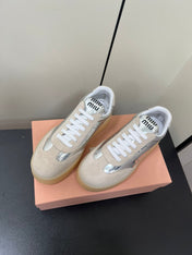 THICK-SOLED RETRO SNEAKERS IN SILVER METALLIC LAMBSKIN AND BEIGE SUEDE