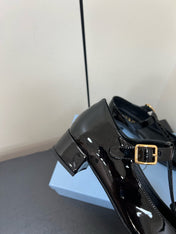 BOW MARY JANE PUMPS WITH T-STRAP IN BLACK GLOSSY CALFSKIN
