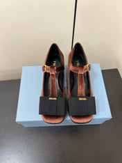 BOW MARY JANE PUMPS WITH T-STRAP IN UMBER BROWN VELVET