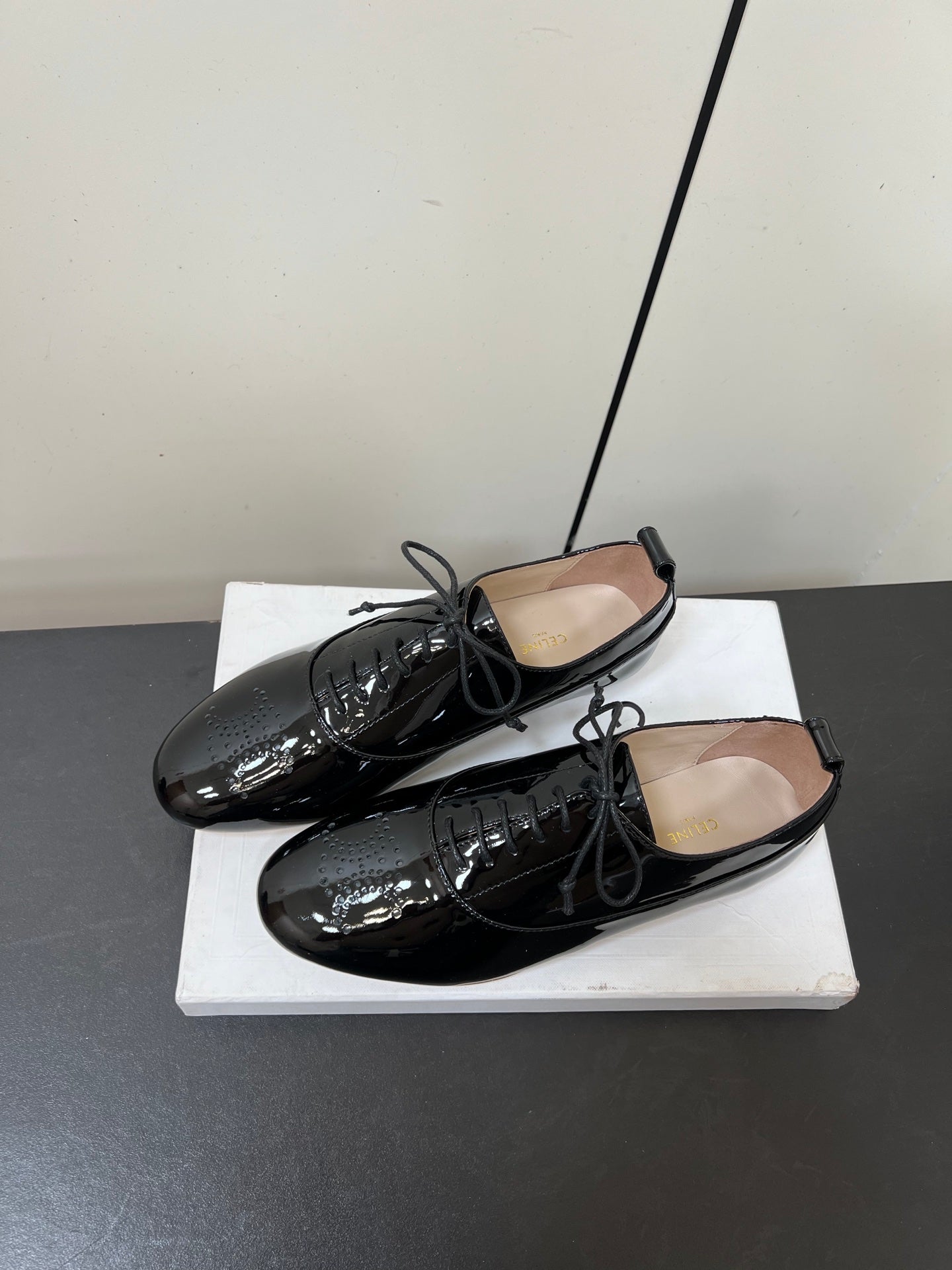 CELINE 26S MINIMAL LACE-UP SHOES IN BLACK GLOSSY CALFSKIN