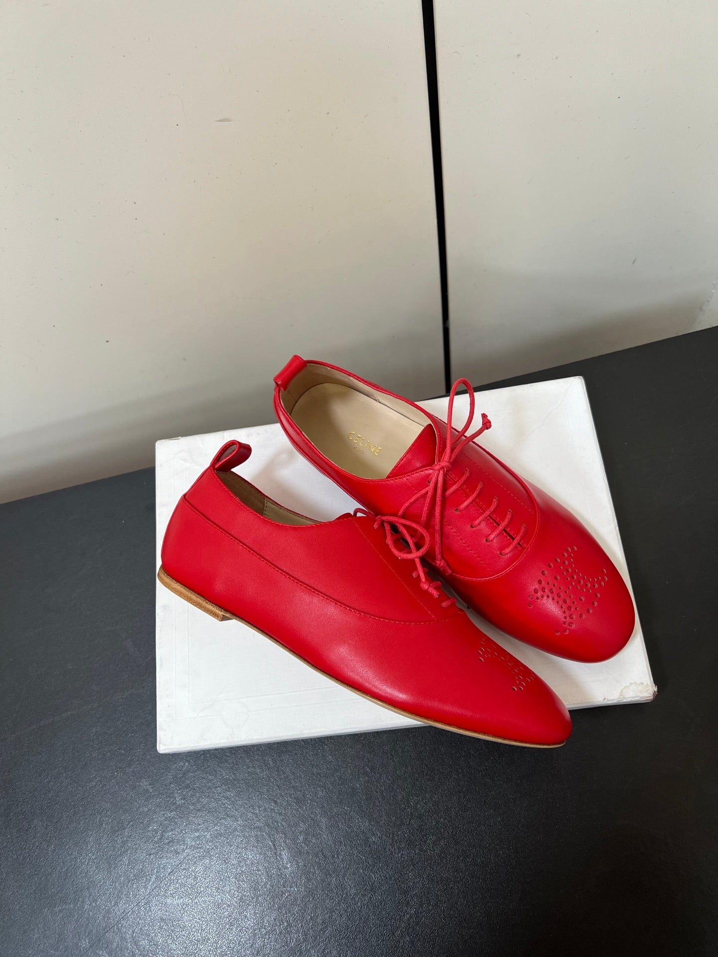 CELINE 26S MINIMAL LACE-UP SHOES IN RED CALFSKIN