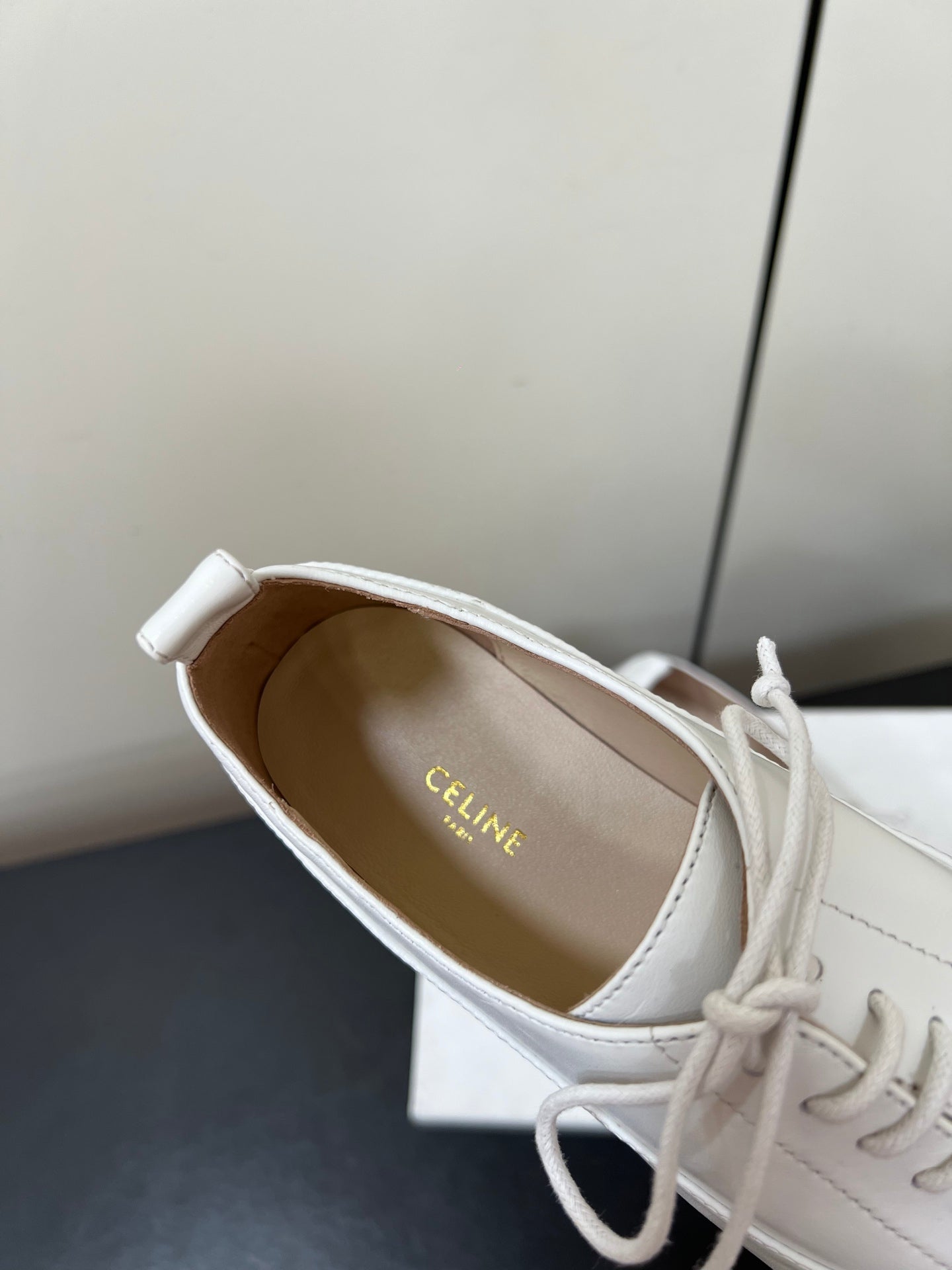 CELINE 26S MINIMAL LACE-UP SHOES IN WHITE CALFSKIN