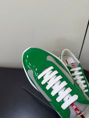 PRADA 26S SNEAKERS IN GREEN PATENT CALFSKIN AND WHITE MESH